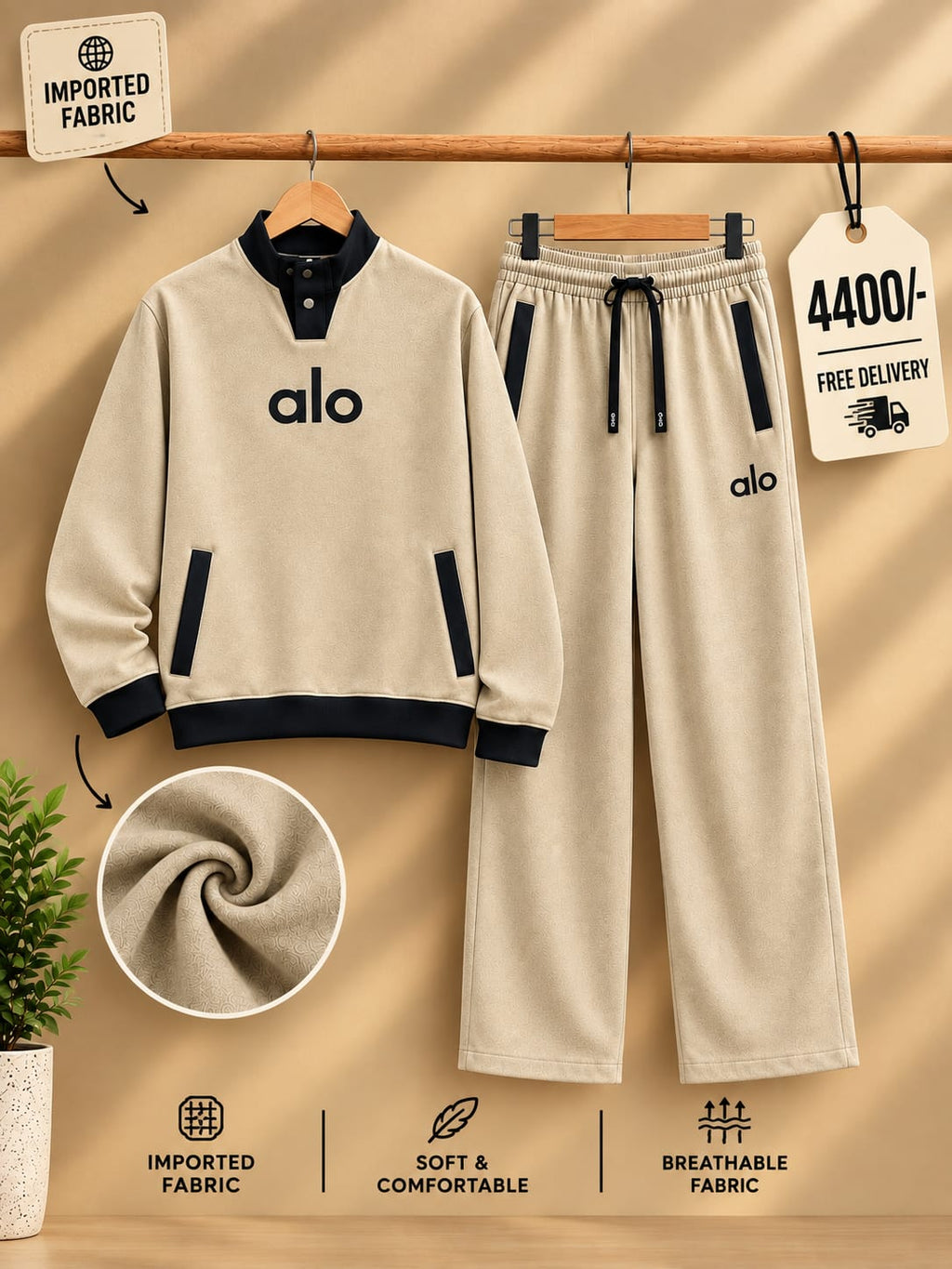 Alo Premium Imported Fabric Tracksuit Set – Beige & Black