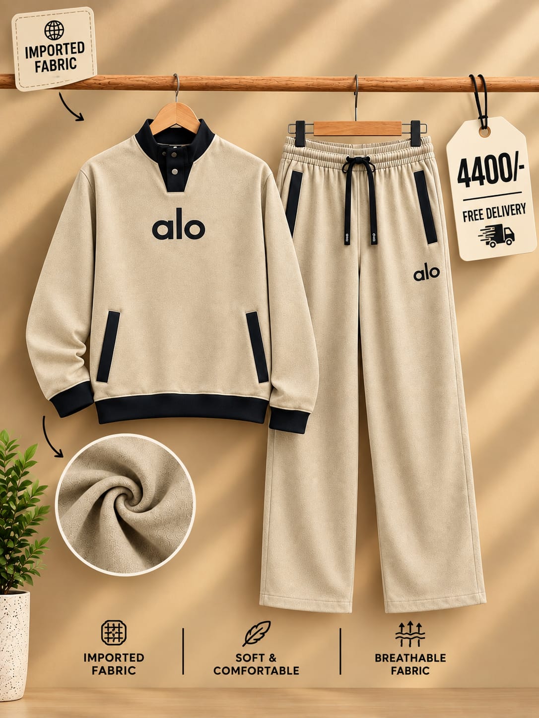Alo Premium Imported Fabric Tracksuit Set – Beige & Black
