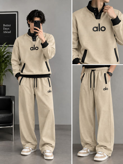Alo Premium Imported Fabric Tracksuit Set – Beige & Black