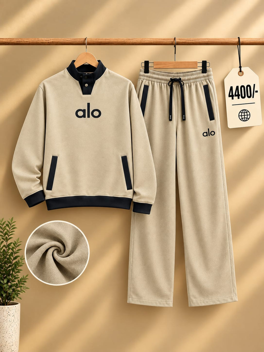 Alo Premium Imported Fabric Tracksuit Set – Beige & Black
