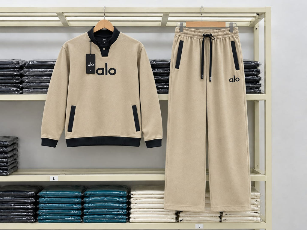Alo Premium Imported Fabric Tracksuit Set – Beige & Black
