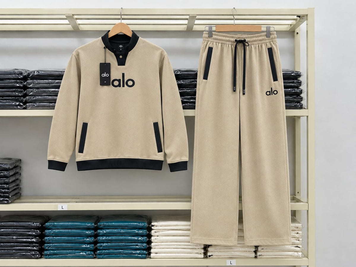 Alo Premium Imported Fabric Tracksuit Set – Beige & Black